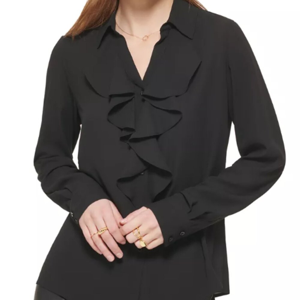 Calvin Klein Petite Ruffled-Front Button-Down Blouse in Black Size Petite Large